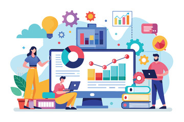 Professionals engage with data visualization tools and analytics on various devices, collaborating in a vibrant office setting filled with elements of creativity