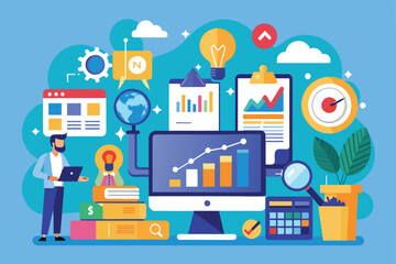 A vibrant illustration showcases business analytics with charts, graphs, and tools in a contemporary office space, emphasizing data-driven decision-making