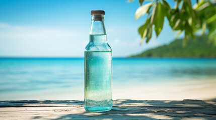 A glass bottle filled with water sits on a wooden surface by the beach, with a scenic backdrop.
