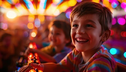 Joyful carnival scene with children on rides, colorful lights, and festive decorations, creating a...