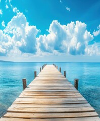 Fototapeta premium Wooden dock extending into the sea, blue sky with white clouds, background, flat composition