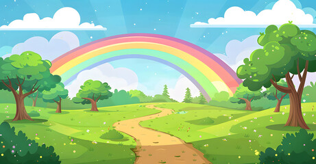 Obraz premium Green fields with mountains with a rainbow in the background design