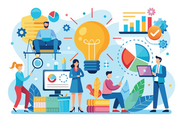 A group of professionals engages in brainstorming and developing innovative business ideas using charts, graphs, and digital devices in a vibrant workspace