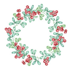 Cranberry wreath watercolor clipart featuring clusters of red berries and green leaves in a circular frame. Lingonberry Ideal for Christmas cards, seasonal invitations, and festive decorations.