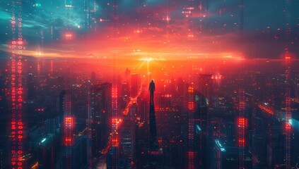 Obraz premium Solitary Figure in a Digital Cityscape