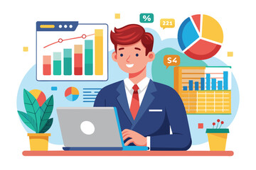 Fototapeta premium A businessman evaluates company performance charts on his laptop, engaged in data analysis in a bright office setting filled with plants