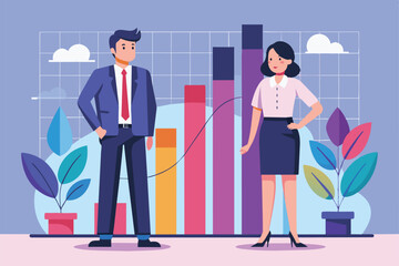 A businessman and businesswoman review impressive growth statistics presented in vibrant bar graphs within a contemporary office environment