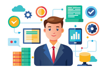 A businessman stands confidently amidst various data input icons representing technology and analytics in a contemporary office