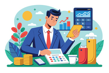 A businessman is focused on calculating sales figures while using a calculator and reviewing data on a tablet in a contemporary office environment