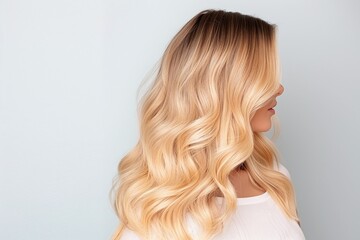 Naklejka premium Blonde Woman with Wavy Hair in Profile, Minimalist Beauty Portrait, Side View, Soft Blonde Waves, Neutral Background, Fashion Photography, Elegant and Clean Design with Copy Space