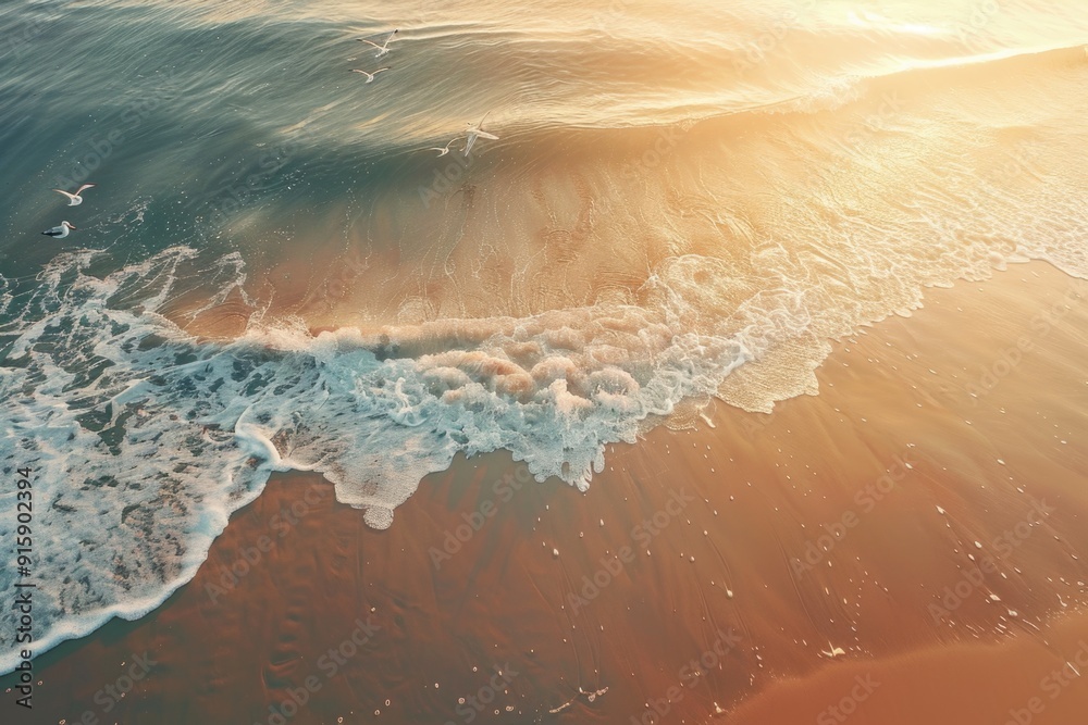 Poster aerial view of a beach with waves crashing ashore, ideal for coastal-themed projects