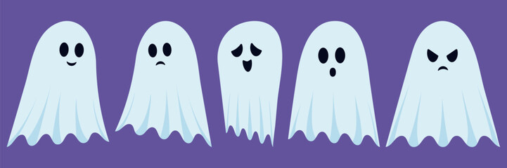 Naklejka premium Cute Halloween Ghots. Spooky season ghost characters. Set of cute ghosts with different emotions. Smiling, disappointed, touched, surprised, scared, angry ghost. 
