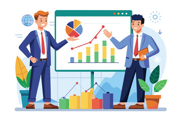 Two businessmen are discussing financial trading trends using a colorful graph displayed on a large screen in a contemporary office environment