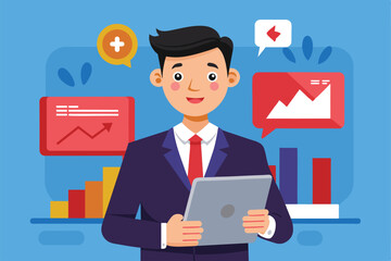 A businessman stands attentively holding a tablet, reviewing trending notifications in a vibrant office setting filled with data visuals