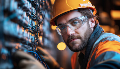 Focused scene of working Technician wearing hard hat, safety glasses, high-visibility vest connecting wires on electrical panel. Men's job, electrical and technology concept.