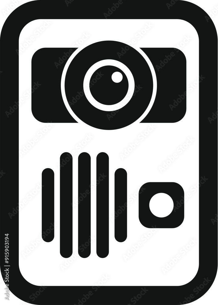 Poster simple icon of an intercom system with a camera, speaker, and button, designed in black and white