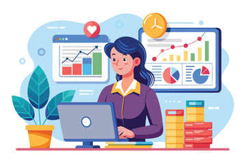 Fototapeta premium A woman engages in financial analysis, studying data on her laptop while surrounded by charts and graphs in a modern office environment