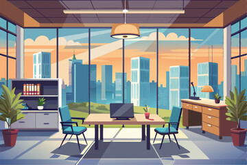 Fototapeta premium A spacious office with a panoramic window showcases a vibrant city skyline at sunset, highlighted by modern furnishings and greenery