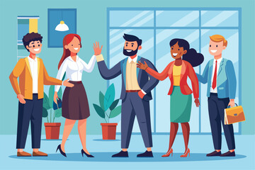 Business professionals warmly greet new team members in a vibrant office, fostering connections and encouraging teamwork in a collaborative atmosphere