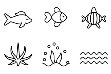 Minimalist Water Plants Thin-Line Icons Set  Vector Illustration & Cute Animal Clipart
