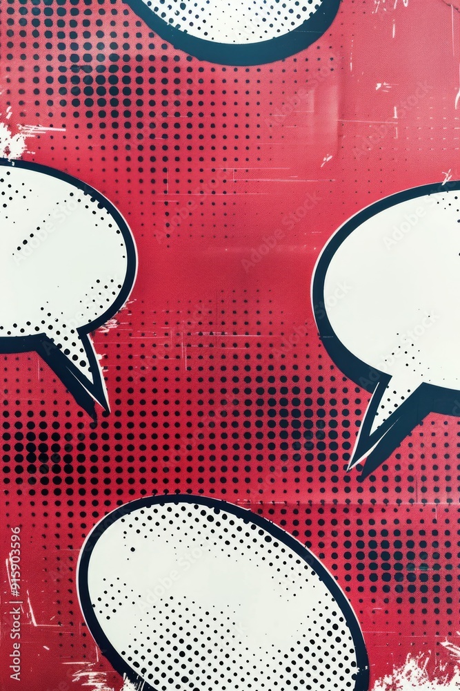 Poster group of colorful speech bubbles on a vibrant red background, perfect for illustration and design pr
