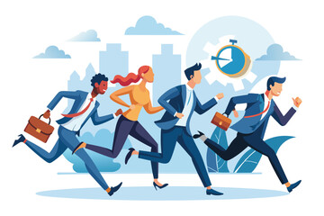 A group of professionals hurries through a city landscape, conveying urgency as they strive to make it on time to their commitments