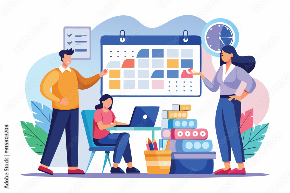 Poster businesspeople collaborate in an office, using a computer application for task scheduling and time m