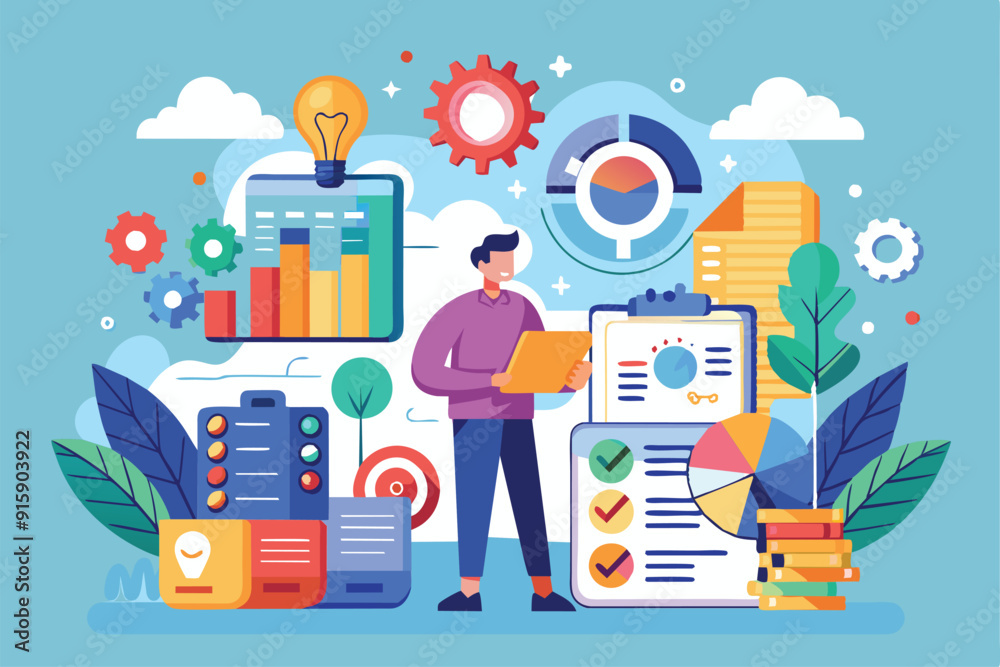 Poster a professional analyzing business data using charts and graphs while creating a customizable busines