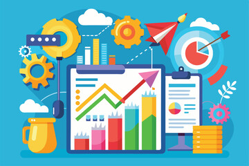 Obraz premium A colorful graphic displays charts and graphs indicating business trends, surrounded by gears and a paper airplane, representing strategy and growth
