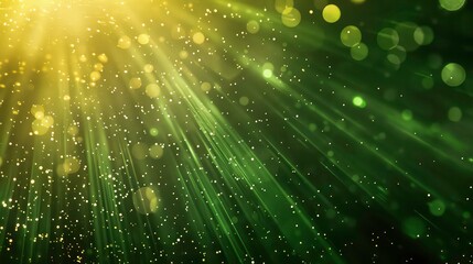 Abstract green and gold background with light rays and bokeh effect.