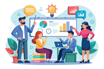 A team collaboratively discusses business problem-solving strategies using visual aids and engaging in dynamic conversation