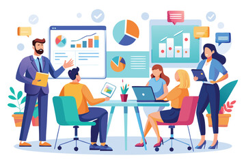 Employees discuss a business report while presenting data through charts and graphs in a modern office environment