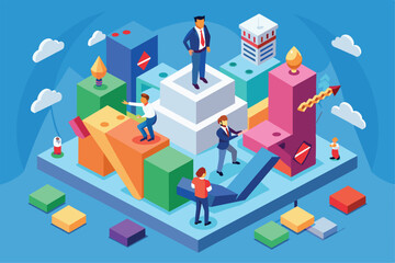 Obraz premium A colorful isometric illustration depicts individuals assessing business risks posed by various factors in a vibrant urban setting