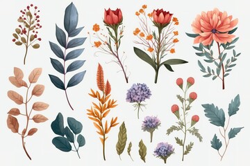 A collection of hand-painted botanical illustrations featuring various leaves, flowers, and sprigs.