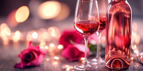 Elegant Rose Wine Casting Enchanting Reflections in Glassware, Soft Lighting and Roses Enhancing a Romantic and Refined Ambiance