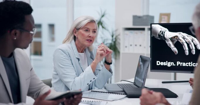 Business people, robotics and meeting with computer screen for design, proposal and graphics development in science. Engineering leader speaking of training, practice or software innovation of future