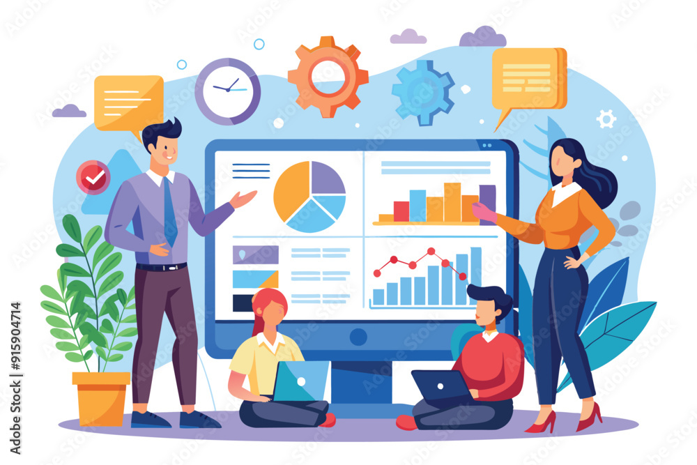 Poster a team collaborates on web reporting, analyzing data displayed on a large screen while discussing in