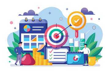 A vibrant workspace illustration featuring a target schedule, charts, and individuals focused on meeting business goals and tracking progress