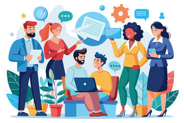 Obraz premium A diverse business team engages in vibrant communication, sharing ideas and collaborating on a project in a contemporary workspace filled with greenery