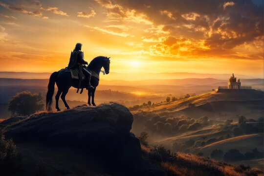 Dawn of Conquest: a legend in this evocative image of Alexander the Great and Bucephalus silhouetted against a breathtaking sunrise. A powerful portrayal of leadership and courage. generative AI