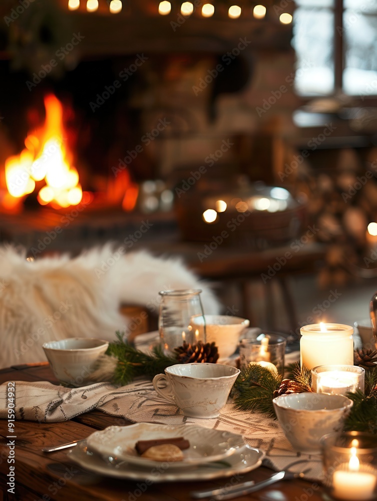 Poster a warm ambiance surrounds a dining table set with bowls, candles, and festive decor, illuminated by 