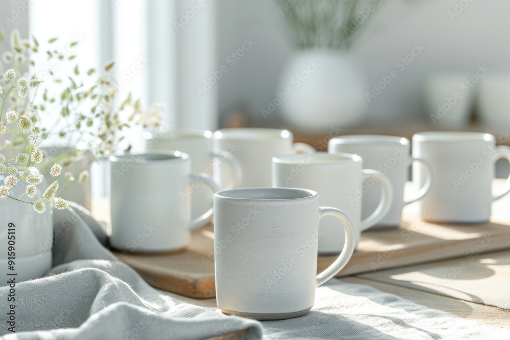 Poster a collection of white coffee mugs placed on a table, ready for use