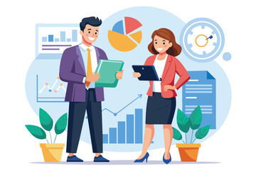 A business woman and man discuss a diagram document while analyzing data charts in a vibrant office environment