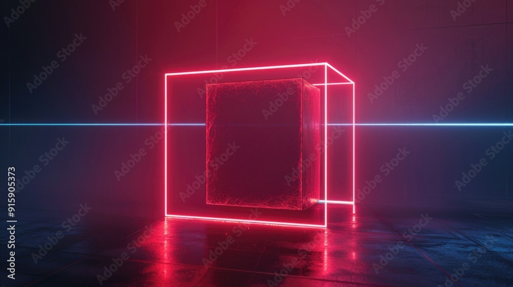 Aufkleber A bright red neon frame lit up in a dimly lit room, perfect for use as a design element or to add some pop of color to your project
