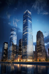 Obraz premium Urban Skyline: essence of modern city life with this dynamic image of towering skyscrapers in the heart of the financial district. generative AI