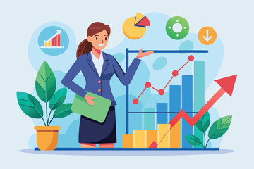 A businesswoman stands confidently, presenting growth charts with colorful visuals in a modern office environment