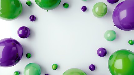 An image featuring glossy green and purple spheres of various sizes scattered on a white background, forming a frame around a blank space.