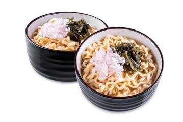 Ramen noodles with seaweed and radish in a bowl on a white isolated background