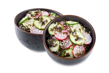 Seaweed radish cucumber salad in a bowl on a white isolated background