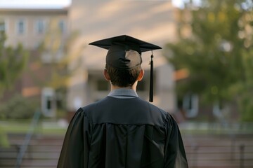 Rear view of a graduate with a cap and gown standing in front of a campus building. Graduation. Academic achievement outdoor shot. Education success and celebration moment. Generative AI